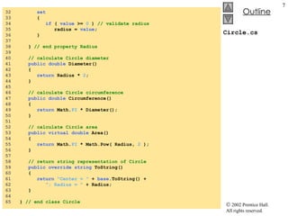 Circle.cs 32  set 33  { 34  if  (  value  >=  0  )  // validate radius 35  radius =  value ; 36  } 37  38  }  // end property Radius 39  40  // calculate Circle diameter 41  public   double  Diameter() 42  { 43  return  Radius *  2 ; 44  } 45  46  // calculate Circle circumference 47  public   double  Circumference() 48  { 49  return  Math. PI  * Diameter(); 50  } 51  52  // calculate Circle area 53  public   virtual   double  Area() 54  { 55  return  Math. PI  * Math.Pow( Radius,  2  ); 56  } 57  58  // return string representation of Circle 59  public   override   string  ToString() 60  { 61  return   "Center = "  +  base .ToString() + 62  "; Radius = "  + Radius; 63  } 64  65  }  // end class Circle 
