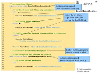 UsingExceptions.cs 61  // no exceptions thrown 62  public static void  DoesNotThrowException() 63  { 64  // try block does not throw any exceptions  65  try   66  { 67  Console.WriteLine(  "In DoesNotThrowException"  ); 68  } 69  70  // this catch never executes 71  catch 72  { 73  Console.WriteLine(  "This catch never executes"  ); 74  } 75  76  // finally executes because corresponding try executed 77  finally 78  { 79  Console.WriteLine(  80  "Finally executed in DoesNotThrowException"  ); 81  } 82  83  Console.WriteLine(  "End of DoesNotThrowException"  ); 84  85  }  // end method DoesNotThrowException 86  87  // throws exception and catches it locally 88  public static void  ThrowExceptionWithCatch() 89  { 90  // try block throws exception 91  try   92  { 93  Console.WriteLine(  "In ThrowExceptionWithCatch"  ); 94  Definition for method DoesNotThrowException( ) Enters the try block, skips catch block and execute the finally block End of method, program control returns to Main Definition for method ThrowExceptionWithCatch( ) 
