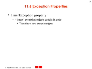 11.6 Exception Properties InnerException property “ Wrap” exception objects caught in code Then throw new exception types 