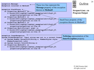 Properties.cs Program Output exception.Message: Exception occurred in Method3   exception.StackTrace: at Properties.Method3() in  f:\books\2001\csphtp1\csphtp1_examples\ch11\fig11_8\ properties\properties.cs:line 66 at Properties.Method2() in  f:\books\2001\csphtp1\csphtp1_examples\ch11\fig11_8\ properties\properties.cs:line 51 at Properties.Method1() in  f:\books\2001\csphtp1\csphtp1_examples\ch11\fig11_8\ properties\properties.cs:line 45 at Properties.Main(String[] args) in  f:\books\2001\csphtp1\csphtp1_examples\ch11\fig11_8\ properties\properties.cs:line 16   exception.InnerException: System.FormatException: Input string was not in a correct format. at System.Number.ParseInt32(String s, NumberStyles style,  NumberFormatInfo info) at System.Convert.ToInt32(String s) at Properties.Method3() in  f:\books\2001\csphtp1\csphtp1_examples\ch11\fig11_8\ properties\properties.cs:line 60 These two line represent the  Message  property of the exception thrown in  Method3 StackTrace property of the exception thrown in Method3 ToString  representation of the  InnerException  property 