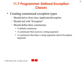 11.7 Programmer-Defined Exception Classes Creating customized exception types Should derive from class ApplicationException Should end with “Exception” Should define three constructors A default constructor A constructor that receives a string argument A constructor that takes a string argument and an Exception argument 