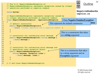 NegativeNumberException.cs 1  // Fig 11:4: NegativeNumberException.cs 2  // NegativeNumberException represents exceptions caused by illegal 3  // operations performed on negative numbers 4  5  using  System; 6  7  // NegativeNumberException represents exceptions caused by 8  // illegal operations performed on negative numbers 9  class  NegativeNumberException : ApplicationException 10  { 11  // default constructor 12  public  NegativeNumberException() 13  :  base (  "Illegal operation for a negative number"  ) 14  { 15  } 16  17  // constructor for customizing error message 18  public  NegativeNumberException(  string  message ) 19  :  base ( message ) 20  { 21  } 22  23  // constructor for customizing error message and  24  // specifying inner exception object 25  public  NegativeNumberException(  26  string  message, Exception inner )  27  :  base ( message, inner ) 28  { 29  } 30  31  }  // end class NegativeNumberException Class  NegativeNumberException  derives from  ApplicationException This represent the default constructor This is a constructor that takes in a  string  argument  This is a constructor that takes in a string argument and an  Exception  argument 