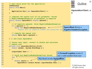 SquareRootTest.cs 33  // main entry point for the application 34  [STAThread] 35  static void  Main()  36  { 37  Application.Run(  new  SquareRootTest() ); 38  }  39  40  // computes the square root of its parameter; throws 41  // NegativeNumberException if parameter is negative 42  public double  SquareRoot(  double  operand ) 43  { 44  // if negative operand, throw NegativeNumberException 45  if  ( operand <  0  ) 46  throw new  NegativeNumberException(  47  "Square root of negative number not permitted"  ); 48  49  // compute the square root 50  return  Math.Sqrt( operand ); 51  52  }  // end class SquareRoot 53  54  // obtain user input, convert to double and calculate 55  // square root 56  private void  squareRootButton_Click( 57  object  sender, System.EventArgs e ) 58  { 59  outputLabel.Text =  "" ; 60  61  // catch any NegativeNumberExceptions thrown 62  try 63  { 64  double  result =  65  SquareRoot( Double.Parse( inputTextBox.Text ) ); 66  SqaureRoot  throws a  NegativeNumberException Try  block invoke  SqaureRoot A  FormatException  occurs if not a valid number from user 