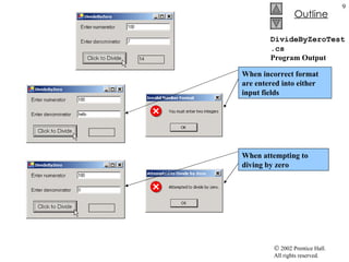 DivideByZeroTest.cs Program Output When incorrect format are entered into either input fields When attempting to diving by zero 