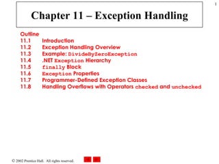 Chapter 11 – Exception Handling Outline 11.1  Introduction 11.2  Exception Handling Overview 11.3  Example:  DivideByZeroException 11.4  .NET  Exception  Hierarchy 11.5  finally  Block 11.6  Exception  Properties 11.7  Programmer-Defined Exception Classes 11.8  Handling Overflows with Operators  checked  and  unchecked 
