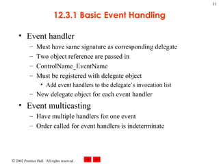 12.3.1 Basic Event Handling Event handler Must have same signature as corresponding delegate Two object reference are passed in ControlName_EventName Must be registered with delegate object Add event handlers to the delegate’s invocation list New delegate object for each event handler Event multicasting Have multiple handlers for one event Order called for event handlers is indeterminate 