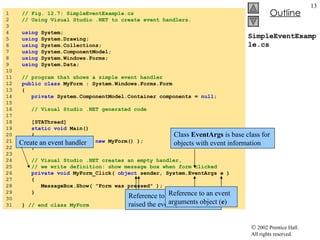 SimpleEventExample.cs 1  // Fig. 12.7: SimpleEventExample.cs 2  // Using Visual Studio .NET to create event handlers. 3  4  using  System; 5  using  System.Drawing; 6  using  System.Collections; 7  using  System.ComponentModel; 8  using  System.Windows.Forms; 9  using  System.Data; 10  11  // program that shows a simple event handler 12  public   class  MyForm : System.Windows.Forms.Form 13  { 14  private  System.ComponentModel.Container components =  null ; 15  16  // Visual Studio .NET generated code 17  18  [STAThread] 19  static   void  Main()  20  { 21  Application.Run(  new  MyForm() ); 22  } 23  24  // Visual Studio .NET creates an empty handler,  25  // we write definition: show message box when form clicked 26  private   void  MyForm_Click(  object  sender, System.EventArgs e ) 27  { 28  MessageBox.Show( "Form was pressed" ); 29  } 30  31  }  // end class MyForm Create an event handler Signature of the event handler Reference to the object that raised the event ( sender ) Reference to an event arguments object ( e ) Class  EventArgs  is base class for objects with event information 