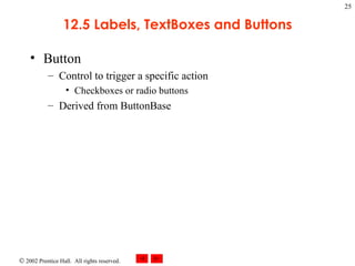 12.5 Labels, TextBoxes and Buttons Button Control to trigger a specific action Checkboxes or radio buttons Derived from ButtonBase 