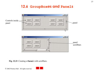 12.6  GroupBox es and  Panel s Fig. 12.21 Creating a  Panel  with scrollbars.  Controls inside panel panel panel scrollbars 