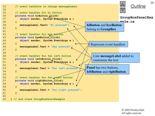 GroupBoxPanelExample.cs 33  // event handlers to change messageLabel 34  35  // event handler for hi button 36  private   void  hiButton_Click(  37  object  sender, System.EventArgs e ) 38  { 39  messageLabel.Text=  "Hi pressed" ; 40  } 41  42  // event handler for bye button 43  private   void  byeButton_Click(  44  object  sender, System.EventArgs e ) 45  { 46  messageLabel.Text =  "Bye pressed" ; 47  } 48  49  // event handler for far left button 50  private   void  leftButton_Click(  51  object  sender, System.EventArgs e ) 52  { 53  messageLabel.Text =  "Far left pressed" ; 54  } 55  56  // event handler for far right button 57  private   void  rightButton_Click(  58  object  sender, System.EventArgs e ) 59  { 60  messageLabel.Text =  "Far right pressed" ; 61  } 62  63  }  // end class GroupBoxPanelExample Represent event handlers hiButton  and  byeButton  belong to  GroupBox Panel  has two buttons,  leftButton  and  rightButton Line  messageLabel  added to customize the text  