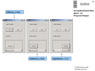 GroupBoxPanelExample.cs Program Output hiButton_Click leftButton_Click  rightButton _Click 