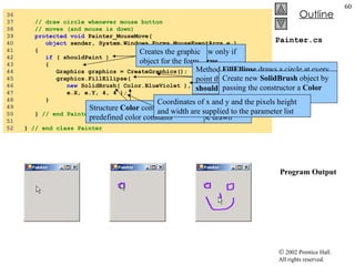 Painter.cs   Program Output 36  37  // draw circle whenever mouse button  38  // moves (and mouse is down) 39  protected   void  Painter_MouseMove(  40  object  sender, System.Windows.Forms.MouseEventArgs e ) 41  { 42  if  ( shouldPaint ) 43  { 44  Graphics graphics = CreateGraphics(); 45  graphics.FillEllipse(  46  new  SolidBrush( Color.BlueViolet ),  47  e.X, e.Y, 4, 4 ); 48  } 49  50  }  // end Painter_MouseMove 51  52  }  // end class Painter Program will draw only if  shouldPaint  is  true Creates the graphic object for the form Provides method for drawing various shapes Method  FillEllipse  draws a circle at every point the mouse cursor moves over and  shouldPaint  is  true SolidBrush  object determines the color of the shape drawn Create new  SolidBrush  object by passing the constructor a  Color  value  Structure  Color  contain numerous predefined color constants Coordinates of x and y and the pixels height and width are supplied to the parameter list 