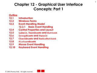 Chapter 12 - Graphical User Interface Concepts: Part 1 Outline 12.1  Introduction 12.2  Windows Forms 12.3  Event-Handling Model 12.3.1  Basic Event Handling 12.4  Control Properties and Layout 12.5  Label s,  TextBox es and  Button s 12.6  GroupBox es and  Panel s 12.7  CheckBox es and  RadioButton s 12.8  PictureBox es 12.9  Mouse Event Handling 12.10  Keyboard Event Handling 