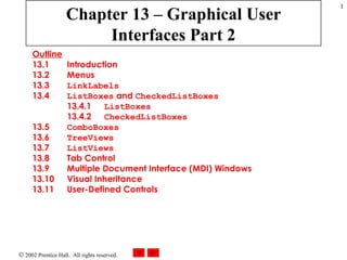 Chapter 13 – Graphical User Interfaces Part 2 Outline 13.1  Introduction 13.2  Menus 13.3  LinkLabels 13.4  ListBoxes  and  CheckedListBoxes 13.4.1   ListBoxes   13.4.2   CheckedListBoxes   13.5  ComboBoxes 13.6  TreeViews 13.7  ListViews 13.8  Tab Control 13.9  Multiple Document Interface (MDI) Windows 13.10 Visual Inheritance 13.11  User-Defined Controls 