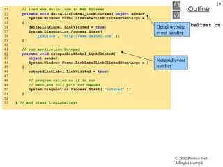 LinkLabelTest.cs 32  // load www.deitel.com in Web broswer 33   private   void  deitelLinkLabel_LinkClicked(  object  sender,  34  System.Windows.Forms.LinkLabelLinkClickedEventArgs e ) 35  { 36  deitelLinkLabel.LinkVisited =  true ; 37  System.Diagnostics.Process.Start(  38  "IExplore" ,  "http://www.deitel.com"  ); 39  } 40  41  // run application Notepad 42   private   void  notepadLinkLabel_LinkClicked(  43  object  sender,  44  System.Windows.Forms.LinkLabelLinkClickedEventArgs e ) 45  { 46  notepadLinkLabel.LinkVisited =  true ; 47  48  // program called as if in run 49  // menu and full path not needed 50  System.Diagnostics.Process.Start(  "notepad"  ); 51  } 52  53  }  // end class LinkLabelTest Deitel website event handler Notepad event handler 