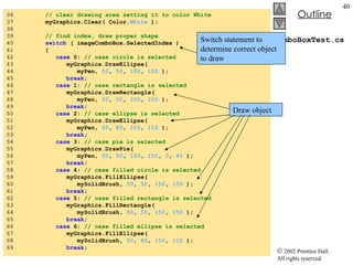 ComboBoxTest.cs 36  // clear drawing area setting it to color White 37  myGraphics.Clear( Color. White  ); 38  39  // find index, draw proper shape 40  switch  ( imageComboBox.SelectedIndex ) 41  { 42  case  0:  // case circle is selected 43  myGraphics.DrawEllipse(  44  myPen,  50 ,  50 ,  150 ,  150  ); 45  break ; 46  case  1:  // case rectangle is selected 47  myGraphics.DrawRectangle(  48  myPen,  50 ,  50 ,  150 ,  150  ); 49  break ; 50  case  2:  // case ellipse is selected 51  myGraphics.DrawEllipse(  52  myPen,  50 ,  85 ,  150 ,  115  ); 53  break ; 54  case  3:  // case pie is selected 55  myGraphics.DrawPie(  56  myPen,  50 ,  50 ,  150 ,  150 ,  0 ,  45  ); 57  break ; 58  case  4:  // case filled circle is selected 59  myGraphics.FillEllipse(  60  mySolidBrush,  50 ,  50 ,  150 ,  150  ); 61  break ; 62  case  5:  // case filled rectangle is selected 63  myGraphics.FillRectangle(  64  mySolidBrush,  50 ,  50 ,  150 ,  150  ); 65  break ; 66  case  6:  // case filled ellipse is selected 67  myGraphics.FillEllipse( 68  mySolidBrush,  50 ,  85 ,  150 ,  115  ); 69  break ; Switch statement to determine correct object to draw Draw object 