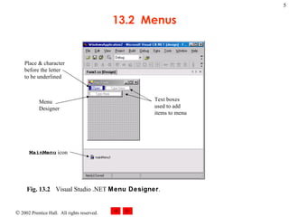 13.2  Menus Fig. 13.2 Visual Studio .NET  Menu Designer .   Text boxes used to add items to menu MainMenu  icon Menu Designer Place & character before the letter to be underlined 