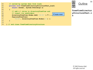 TreeViewDirectoryStructureTest.cs 63  // called by system when form loads 64  private   void  TreeViewDirectoryStructureTest_Load( 65  object  sender, System.EventArgs e) 66  { 67  // add c:\ drive to directoryTreeView and  68  // insert its subfolders 69   directoryTreeView.Nodes.Add(  "C:\\"  ); 70  PopulateTreeView(  71  "C:\\" , directoryTreeView.Nodes[  0  ] ); 72  }  73  74  }  // end class TreeViewDirectoryStructure Create root 