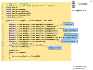 UsingMDI.cs 1  // Fig. 13.36: UsingMDI.cs 2  // Demonstrating use of MDI parent and child windows. 3  using  System; 4  using  System.Drawing; 5  using  System.Collections; 6  using  System.ComponentModel; 7  using  System.Windows.Forms; 8  using  System.Data; 9  10  public   class  UsingMDI : System.Windows.Forms.Form 11  { 12  private  System.Windows.Forms.MainMenu mainMenu1; 13   private  System.Windows.Forms.MenuItem fileMenuItem; 14   private  System.Windows.Forms.MenuItem newMenuItem; 15  private  System.Windows.Forms.MenuItem child1MenuItem; 16  private  System.Windows.Forms.MenuItem child2MenuItem; 17  private  System.Windows.Forms.MenuItem child3MenuItem; 18   private  System.Windows.Forms.MenuItem exitMenuItem; 19  private  System.Windows.Forms.MenuItem formatMenuItem; 20   private  System.Windows.Forms.MenuItem cascadeMenuItem; 21   private  System.Windows.Forms.MenuItem  22  tileHorizontalMenuItem; 23   private  System.Windows.Forms.MenuItem  24  tileVerticalMenuItem; 25  26  [STAThread] 27  static   void  Main()  28  { 29  Application.Run(  new  UsingMDI() ); 30  } 31  File menu New submenu Exit submenu Formant menu Cascade option Tiling options 