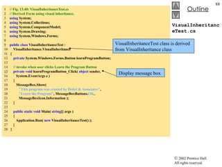 VisualInheritanceTest.cs 1  // Fig. 13.40: VisualInheritanceTest.cs 2  // Derived Form using visual inheritance. 3  using  System; 4  using  System.Collections; 5  using  System.ComponentModel; 6  using  System.Drawing; 7  using  System.Windows.Forms; 8  9   public   class  VisualInheritanceTest :  10  VisualInheritance.VisualInheritance 11  { 12  private  System.Windows.Forms.Button learnProgramButton; 13  14  // invoke when user clicks Learn the Program Button 15   private   void  learnProgramButton_Click(  object  sender,  16  System.EventArgs e ) 17  { 18  MessageBox.Show( 19  "This program was created by Deitel & Associates" , 20  "Learn the Program" , MessageBoxButtons. OK ,  21  MessageBoxIcon.Information ); 22  } 23  24  public   static   void  Main(  string [] args ) 25  { 26  Application.Run(  new  VisualInheritanceTest() ); 27  } 28  } VisualInheritanceTest class is derived from VisualInheritance class Display message box 