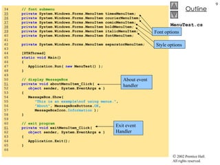 MenuTest.cs 34  // font submenu 35   private  System.Windows.Forms.MenuItem timesMenuItem; 36   private  System.Windows.Forms.MenuItem courierMenuItem; 37   private  System.Windows.Forms.MenuItem comicMenuItem; 38   private  System.Windows.Forms.MenuItem boldMenuItem; 39   private  System.Windows.Forms.MenuItem italicMenuItem; 40  private  System.Windows.Forms.MenuItem fontMenuItem; 41  42  private  System.Windows.Forms.MenuItem separatorMenuItem; 43  44  [STAThread] 45  static   void  Main()  46  { 47  Application.Run(  new  MenuTest() ); 48  } 49  50  // display MessageBox 51   private   void  aboutMenuItem_Click( 52  object  sender, System.EventArgs e ) 53  { 54  MessageBox.Show(  55  "This is an example\nof using menus." , 56  "About" , MessageBoxButtons. OK ,  57  MessageBoxIcon. Information  ); 58  } 59  60  // exit program 61   private   void  exitMenuItem_Click( 62  object  sender, System.EventArgs e ) 63  { 64  Application.Exit(); 65  } 66  Font options Style options About event handler Exit event Handler 