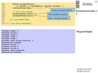 Unsynchronized.cs  Program Output 134   Thread consumerThread =  135  new  Thread(  new  ThreadStart( consumer.Consume ) ); 136  consumerThread.Name =  "Consumer" ; 137  138  // start each thread 139   producerThread.Start(); 140   consumerThread.Start(); 141  142  }  // end method Main 143  144  }  // end class SharedCell Consumer reads -1 Producer writes 1 Consumer reads 1 Consumer reads 1 Consumer reads 1 Consumer read values totaling: 2. Terminating Consumer. Producer writes 2 Producer writes 3 Producer writes 4 Producer done producing. Terminating Producer. Create consumer thread Start producer thread Start  consumer thread 