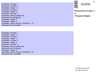 Unsynchronized.cs  Program Output Producer writes 1 Producer writes 2 Consumer reads 2 Producer writes 3 Consumer reads 3 Producer writes 4 Producer done producing. Terminating Producer. Consumer reads 4 Consumer reads 4 Consumer read values totaling: 13. Terminating Consumer. Producer writes 1 Consumer reads 1 Producer writes 2 Consumer reads 2 Producer writes 3 Consumer reads 3 Producer writes 4 Producer done producing. Terminating Producer. Consumer reads 4 Consumer read values totaling: 10. Terminating Consumer. 