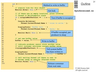 Synchronized.cs 69   set 70  { 71  // acquire lock for this object 72   Monitor.Enter(  this  ); 73  74  // if there are no empty locations, place invoking 75  // thread in WaitSleepJoin state 76   if  ( occupiedBufferCount ==  1  ) 77  { 78  Console.WriteLine(  79  Thread.CurrentThread.Name +  " tries to write."  ); 80  81  DisplayState(  "Buffer full. "  +  82  Thread.CurrentThread.Name +  " waits."  ); 83  84   Monitor.Wait(  this  ); 85  } 86  87  // set new buffer value 88   buffer = value; 89  90  // indicate producer cannot store another value  91  // until consumer retrieves current buffer value 92   ++occupiedBufferCount; 93  94  DisplayState(  95  Thread.CurrentThread.Name +  " writes "  + buffer ); 96  97  // tell waiting thread (if there is one) to  98  // become ready to execute (Started state) 99   Monitor.Pulse(  this  ); 100  Method to write to buffer Get lock Test if buffer is occupied If buffer occupied, put producer to sleep Write to buffer Tell system buffer has been written to Release consumer from wait state 