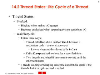14.2 Thread States: Life Cycle of a Thread Thread States: Blocked: Blocked when makes I/O request Becomes unblocked when operating system completes I/O WaitSleepJoin: Enters three ways: Thread calls  Monitor  method  Wait  because it encounters code it cannot execute yet Leaves when another thread calls  Pulse Calls  Sleep  method to sleep for a specified time Two threads are joined if one cannot execute until the other terminates Threads Waiting or Sleeping can come out of these states if the threads  Interrupt  method is called 