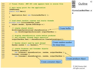 CircularBuffer.cs 268  // Visual Studio .NET GUI code appears here in source file 269  270  // main entry point for the application 271  [STAThread] 272  static void  Main()  273  { 274  Application.Run(  new  CircularBuffer() ); 275  } 276  277  // Load event handler creates and starts threads 278  private void  CircularBuffer_Load(  279  object sender, System.EventArgs e ) 280  { 281  // create shared object 282   HoldIntegerSynchronized sharedLocation =  283  new  HoldIntegerSynchronized( outputTextBox ); 284  285  // display sharedLocation state before producer 286  // and consumer threads begin execution 287  outputTextBox.Text = sharedLocation.CreateStateOutput(); 288  289  // Random object used by each thread 290   Random random =  new  Random(); 291  292  // create Producer and Consumer objects 293   Producer producer =  294  new  Producer( sharedLocation, random, outputTextBox ); 295   Consumer consumer = 296  new  Consumer( sharedLocation, random, outputTextBox ); 297  Create random number for sleep times Create producer object Create consumer object Create buffer 