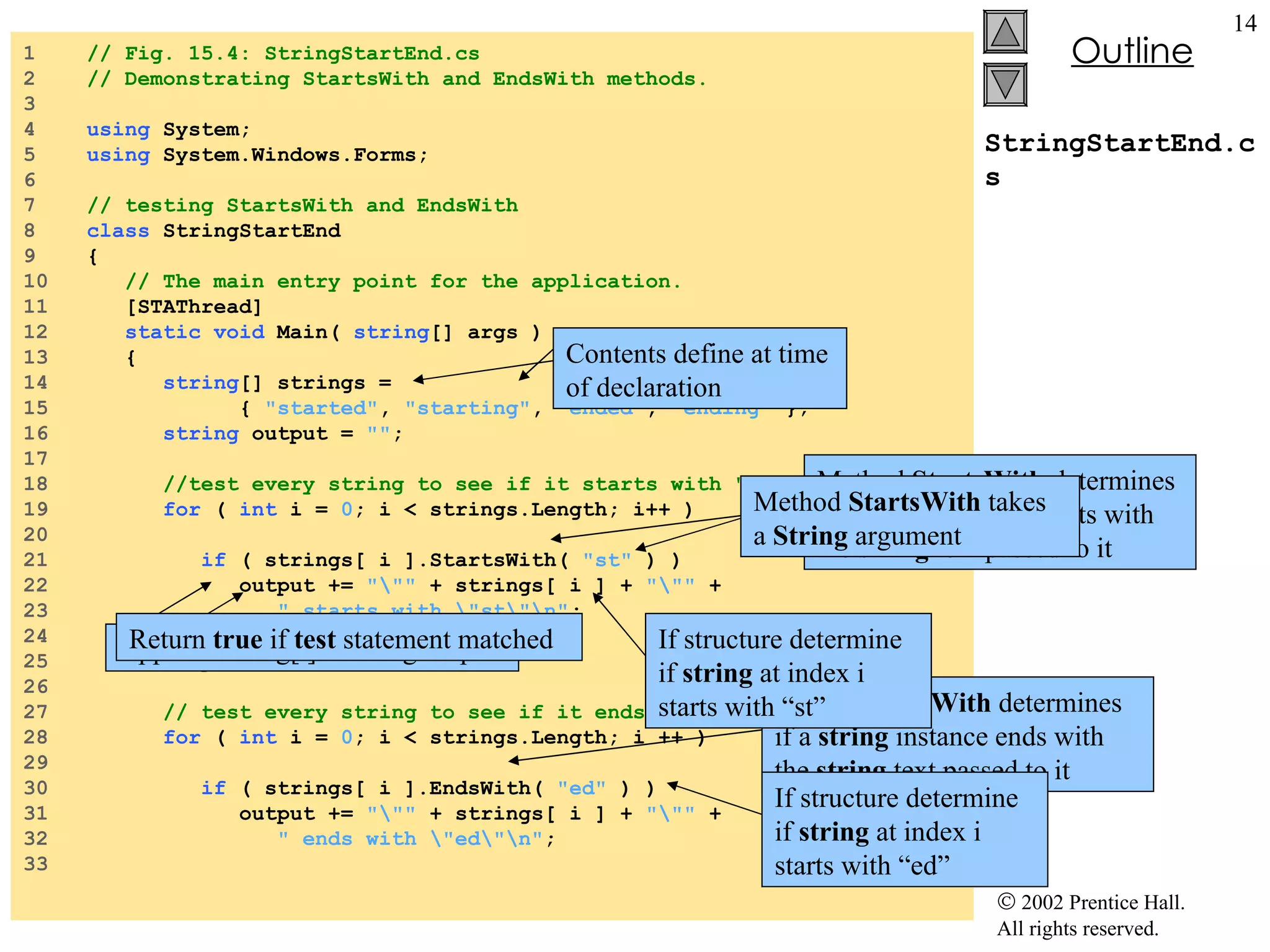 StringStartEnd.cs 1  // Fig. 15.4: StringStartEnd.cs 2  // Demonstrating StartsWith and EndsWith methods. 3  4  using  System; 5  using  System.Windows.Forms; 6  7  // testing StartsWith and EndsWith 8  class  StringStartEnd 9  { 10  // The main entry point for the application. 11  [STAThread] 12  static   void  Main(  string [] args ) 13  { 14  string [] strings =  15  {  "started" ,  "starting" ,  "ended" ,  "ending"  }; 16  string  output =  "" ; 17  18  //test every string to see if it starts with "st" 19  for  (  int  i =  0 ; i < strings.Length; i++ ) 20  21  if  ( strings[ i ].StartsWith(  "st"  ) ) 22  output +=  "\""  + strings[ i ] +  "\""  + 23  " starts with \"st\"\n" ; 24  25  output +=  "\n" ; 26  27  // test every string to see if it ends with "ed" 28  for  (  int  i =  0 ; i < strings.Length; i ++ ) 29  30  if  ( strings[ i ].EndsWith(  "ed"  ) ) 31  output +=  "\""  + strings[ i ] +  "\""  + 32  " ends with \"ed\"\n" ; 33  Method  StartsWith  determines if a  string  instance starts with the  string  text passed to it Method  EndsWith  determines if a  string  instance ends with the  string  text passed to it Array of  string s Contents define at time of declaration Method  StartsWith  takes  a  String  argument If structure determine if  string  at index i starts with “st” Appends string[i] to string output Return  true  if  test  statement matched If structure determine if  string  at index i starts with “ed” 