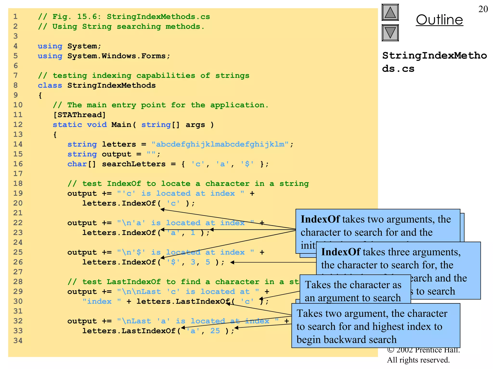StringIndexMethods.cs 1  // Fig. 15.6: StringIndexMethods.cs 2  // Using String searching methods. 3  4  using  System; 5  using  System.Windows.Forms; 6  7  // testing indexing capabilities of strings 8  class  StringIndexMethods 9  { 10  // The main entry point for the application. 11  [STAThread] 12  static   void  Main(  string [] args ) 13  { 14  string  letters =  "abcdefghijklmabcdefghijklm" ; 15  string  output =  "" ; 16  char [] searchLetters = {  'c' ,  'a' ,  '$'  }; 17  18  // test IndexOf to locate a character in a string 19  output +=  "'c' is located at index "  + 20  letters.IndexOf(  'c'  ); 21  22  output +=  "\n'a' is located at index "  + 23  letters.IndexOf(  'a' ,  1  ); 24  25  output +=  "\n'$' is located at index "  + 26  letters.IndexOf(  '$' ,  3 ,  5  ); 27  28  // test LastIndexOf to find a character in a string 29  output +=  "\n\nLast 'c' is located at "  + 30  "index "  + letters.LastIndexOf(  'c'  ); 31  32  output +=  "\nLast 'a' is located at index "  + 33  letters.LastIndexOf(  'a' ,  25  ); 34  Method  IndexOf  to   locate first occurrence of substring in a  string If successful  IndexOf  will return index of specified character or return -1 IndexOf  takes two arguments, the character to search for and the initial index of the search IndexOf  takes three arguments, the character to search for, the initial index of the search and the number of characters to search These outputs use the  LastIndexOf  method Takes the character as an argument to search Takes two argument, the character to search for and highest index to begin backward search 