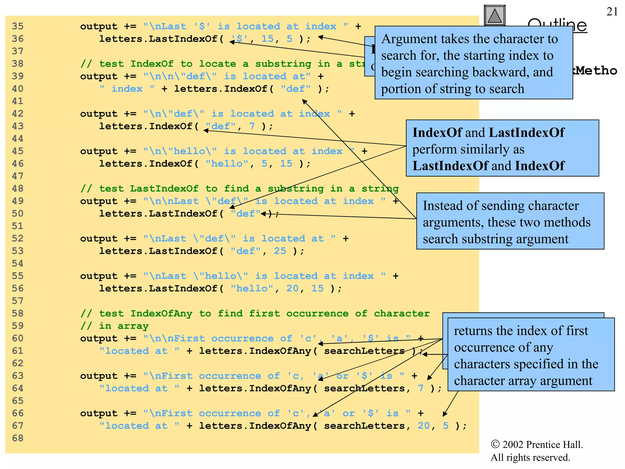 StringIndexMethods.cs 35  output +=  "\nLast '$' is located at index "  + 36  letters.LastIndexOf(  '$' ,  15 ,  5  ); 37  38  // test IndexOf to locate a substring in a string 39  output +=  "\n\n\"def\" is located at"  + 40  " index "  + letters.IndexOf(  "def"  ); 41  42  output +=  "\n\"def\" is located at index "  + 43  letters.IndexOf(  "def" ,  7  ); 44  45  output +=  "\n\"hello\" is located at index "  + 46  letters.IndexOf(  "hello" ,  5 ,  15  ); 47  48  // test LastIndexOf to find a substring in a string 49  output +=  "\n\nLast \"def\" is located at index "  + 50  letters.LastIndexOf(  "def"  ); 51  52  output +=  "\nLast \"def\" is located at "  + 53  letters.LastIndexOf(  "def" ,  25  ); 54  55  output +=  "\nLast \"hello\" is located at index "  + 56  letters.LastIndexOf(  "hello" ,  20 ,  15  ); 57  58  // test IndexOfAny to find first occurrence of character 59  // in array 60  output +=  "\n\nFirst occurrence of 'c', 'a', '$' is "  + 61  "located at "  + letters.IndexOfAny( searchLetters ); 62  63  output +=  "\nFirst occurrence of 'c, 'a' or '$' is "  + 64  "located at "  + letters.IndexOfAny( searchLetters,  7  ); 65  66  output +=  "\nFirst occurrence of 'c', 'a' or '$' is "  + 67  "located at "  + letters.IndexOfAny( searchLetters,  20 ,  5  ); 68  LastIndexOf  search from the end of the string toward the beginning Argument takes the character to search for, the starting index to begin searching backward, and portion of string to search IndexOf  and  LastIndexOf  perform similarly as  LastIndexOf  and  IndexOf Instead of sending character arguments, these two methods search substring argument Method  IndexOfAny  take an array of characters as the first argument returns the index of first occurrence of any characters specified in the character array argument 