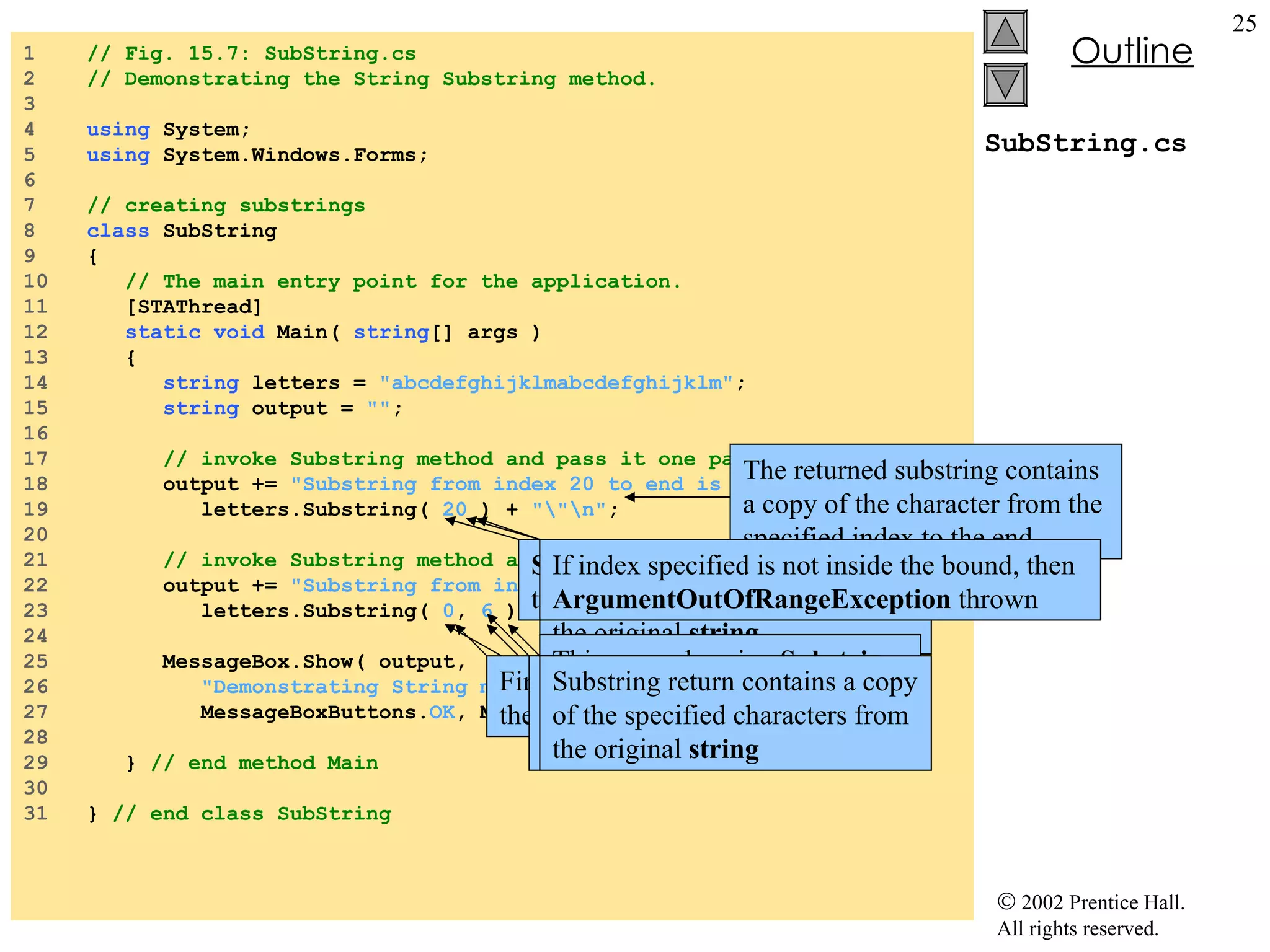 SubString.cs 1  // Fig. 15.7: SubString.cs 2  // Demonstrating the String Substring method. 3  4  using  System; 5  using  System.Windows.Forms; 6  7  // creating substrings 8  class  SubString 9  { 10  // The main entry point for the application. 11  [STAThread] 12  static   void  Main(  string [] args ) 13  { 14  string  letters =  "abcdefghijklmabcdefghijklm" ; 15  string  output =  "" ; 16  17  // invoke Substring method and pass it one parameter 18  output +=  "Substring from index 20 to end is \""  + 19  letters.Substring(  20  ) +  "\"\n" ; 20  21  // invoke Substring method and pass it two parameters 22  output +=  "Substring from index 0 to 6 is \""  + 23  letters.Substring(  0 ,  6  ) +  "\"" ; 24  25  MessageBox.Show( output,  26  "Demonstrating String method Substring" , 27  MessageBoxButtons. OK , MessageBoxIcon. Information  ); 28  29  }  // end method Main 30  31  }  // end class SubString Substring  methods takes one  int  argument Argument specifies the starting index to copy the character in the original  string The returned substring contains a copy of the character from the specified index to the end If index specified is not inside the bound, then  ArgumentOutOfRangeException  thrown This example using  Substring  takes two  int  argument First argument specify the starting index Second argument specify length of the substring to be copied Substring return contains a copy of the specified characters from the original  string 