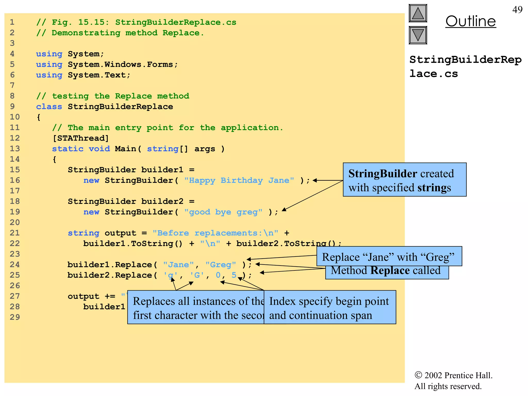 StringBuilderReplace.cs 1  // Fig. 15.15: StringBuilderReplace.cs 2  // Demonstrating method Replace. 3  4  using  System; 5  using  System.Windows.Forms; 6  using  System.Text; 7  8  // testing the Replace method 9  class  StringBuilderReplace 10  { 11  // The main entry point for the application. 12  [STAThread] 13  static   void  Main(  string [] args ) 14  { 15  StringBuilder builder1 =  16  new  StringBuilder(  "Happy Birthday Jane"  ); 17  18  StringBuilder builder2 =  19  new  StringBuilder(  "good bye greg"  ); 20  21  string  output =  "Before replacements:\n"  + 22  builder1.ToString() +  "\n"  + builder2.ToString(); 23  24  builder1.Replace(  "Jane" ,  "Greg"  ); 25  builder2.Replace(  'g' ,  'G' ,  0 ,  5  ); 26  27  output +=  "\n\nAfter replacements:\n"  + 28  builder1.ToString() +  "\n"  + builder2.ToString(); 29  StringBuilder  created with specified  string s Method  Replace  called Replace “Jane” with “Greg” Replaces all instances of the first character with the second Index specify begin point and continuation span 