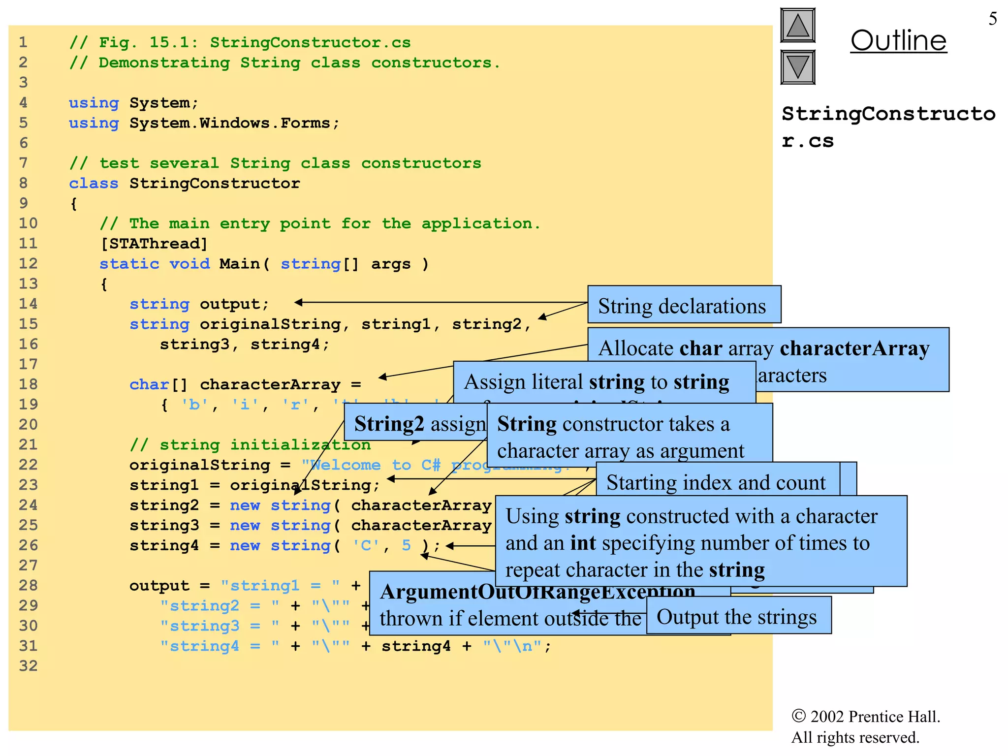 StringConstructor.cs 1  // Fig. 15.1: StringConstructor.cs 2  // Demonstrating String class constructors. 3  4  using  System; 5  using  System.Windows.Forms; 6  7  // test several String class constructors 8  class  StringConstructor 9  { 10  // The main entry point for the application. 11  [STAThread] 12  static   void  Main(  string [] args ) 13  { 14  string  output; 15  string  originalString, string1, string2,  16  string3, string4; 17  18  char [] characterArray =  19  {  'b' ,  'i' ,  'r' ,  't' ,  'h' ,  ' ' ,  'd' ,  'a' ,  'y'  }; 20  21  // string initialization 22  originalString =  "Welcome to C# programming!" ; 23  string1 = originalString; 24  string2 =  new   string ( characterArray ); 25  string3 =  new   string ( characterArray,  6 ,  3  ); 26  string4 =  new   string (  'C' ,  5  ); 27  28  output =  "string1 = "  +  "\""  + string1 +  "\"\n"  + 29  "string2 = "  +  "\""  + string2 +  "\"\n"  + 30  "string3 = "  +  "\""  + string3 +  "\"\n"  + 31  "string4 = "  +  "\""  + string4 +  "\"\n" ; 32  String declarations Allocate  char  array  characterArray  to contain nine characters Assign literal  string  to  string  reference  originalString Set  string1  to reference the same  string  literal String2  assign to a new string String  constructor takes a character array as argument String  constructor takes a  char  array and two  int  arguments Starting index and count ArgumentOutOfRangeException  thrown if element outside the bound Using  string  constructed with a character and an  int  specifying number of times to repeat character in the  string Output the strings 