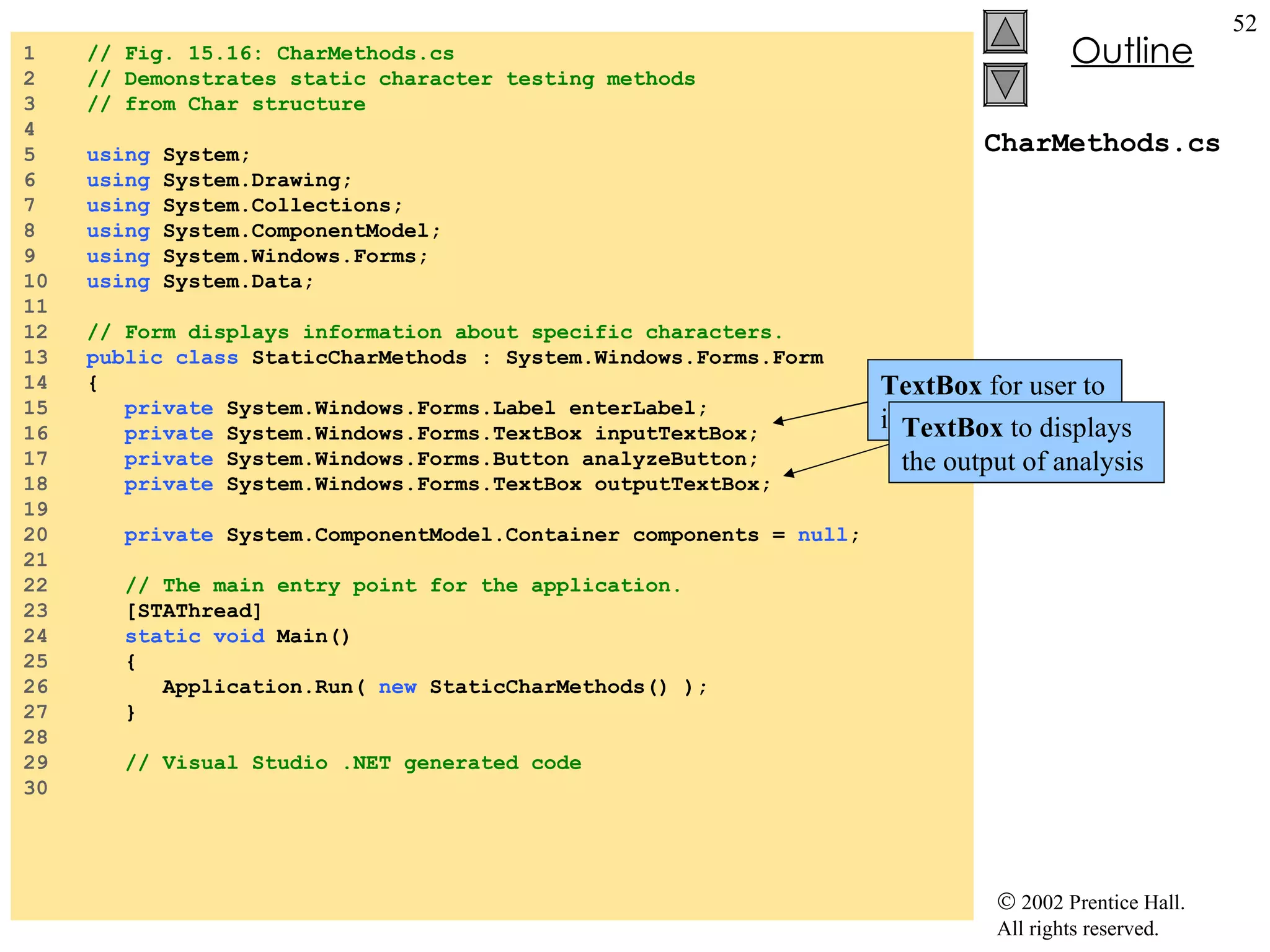 CharMethods.cs 1  // Fig. 15.16: CharMethods.cs 2  // Demonstrates static character testing methods  3  // from Char structure 4  5  using  System; 6  using  System.Drawing; 7  using  System.Collections; 8  using  System.ComponentModel; 9  using  System.Windows.Forms; 10  using  System.Data; 11  12  // Form displays information about specific characters. 13  public   class  StaticCharMethods : System.Windows.Forms.Form 14  { 15  private  System.Windows.Forms.Label enterLabel; 16  private  System.Windows.Forms.TextBox inputTextBox; 17  private  System.Windows.Forms.Button analyzeButton; 18  private  System.Windows.Forms.TextBox outputTextBox; 19  20  private  System.ComponentModel.Container components =  null ; 21  22  // The main entry point for the application. 23  [STAThread] 24  static   void  Main()  25  { 26  Application.Run(  new  StaticCharMethods() ); 27  } 28  29  // Visual Studio .NET generated code 30  TextBox  for user to input characters TextBox  to displays the output of analysis 