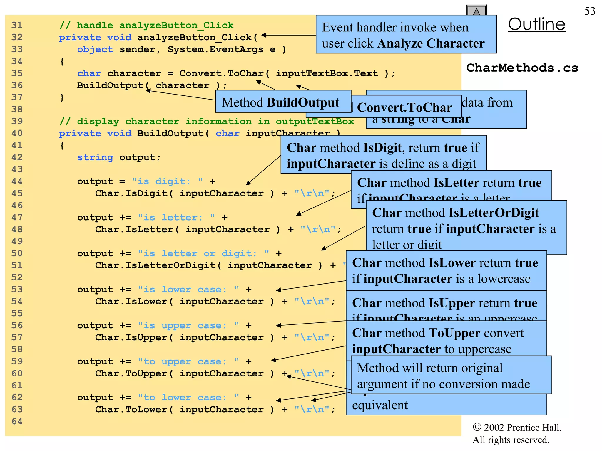 CharMethods.cs 31  // handle analyzeButton_Click 32  private   void  analyzeButton_Click( 33  object  sender, System.EventArgs e ) 34  { 35  char  character = Convert.ToChar( inputTextBox.Text ); 36  BuildOutput( character ); 37  }  38  39  // display character information in outputTextBox 40  private   void  BuildOutput(  char  inputCharacter ) 41  { 42  string  output; 43  44  output =  "is digit: "  + 45  Char.IsDigit( inputCharacter ) +  "\r\n" ; 46  47  output +=  "is letter: "  + 48  Char.IsLetter( inputCharacter ) +  "\r\n" ; 49  50  output +=  "is letter or digit: "  + 51  Char.IsLetterOrDigit( inputCharacter ) +  "\r\n" ; 52  53  output +=  "is lower case: "  + 54  Char.IsLower( inputCharacter ) +  "\r\n" ; 55  56  output +=  "is upper case: "  + 57  Char.IsUpper( inputCharacter ) +  "\r\n" ; 58  59  output +=  "to upper case: "  + 60  Char.ToUpper( inputCharacter ) +  "\r\n" ; 61  62  output +=  "to lower case: "  + 63  Char.ToLower( inputCharacter ) +  "\r\n" ; 64  Event handler invoke when user click  Analyze Character Convert entered data from a  string  to a  Char Method  Convert.ToChar Method  BuildOutput   Char  method  IsDigit , return  true  if  inputCharacter  is define as a digit Char  method  IsLetter  return  true  if  inputCharacter  is a letter  Char  method  IsLetterOrDigit  return  true  if  inputCharacter  is a letter or digit Char  method  IsLower  return  true  if  inputCharacter  is a lowercase letter  Char  method  IsUpper  return  true  if  inputCharacter  is an uppercase letter  Char  method  ToUpper  convert  inputCharacter  to uppercase equivalent  Char  method  ToLower  convert  inputCharacter  to lowercase equivalent  Method will return original argument if no conversion made 