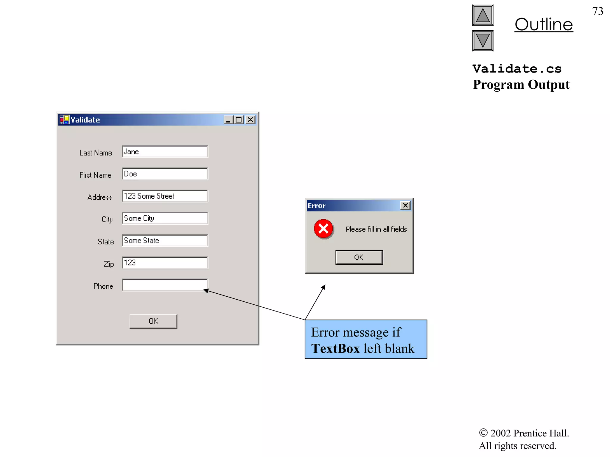 Validate.cs Program Output Error message if  TextBox  left blank 