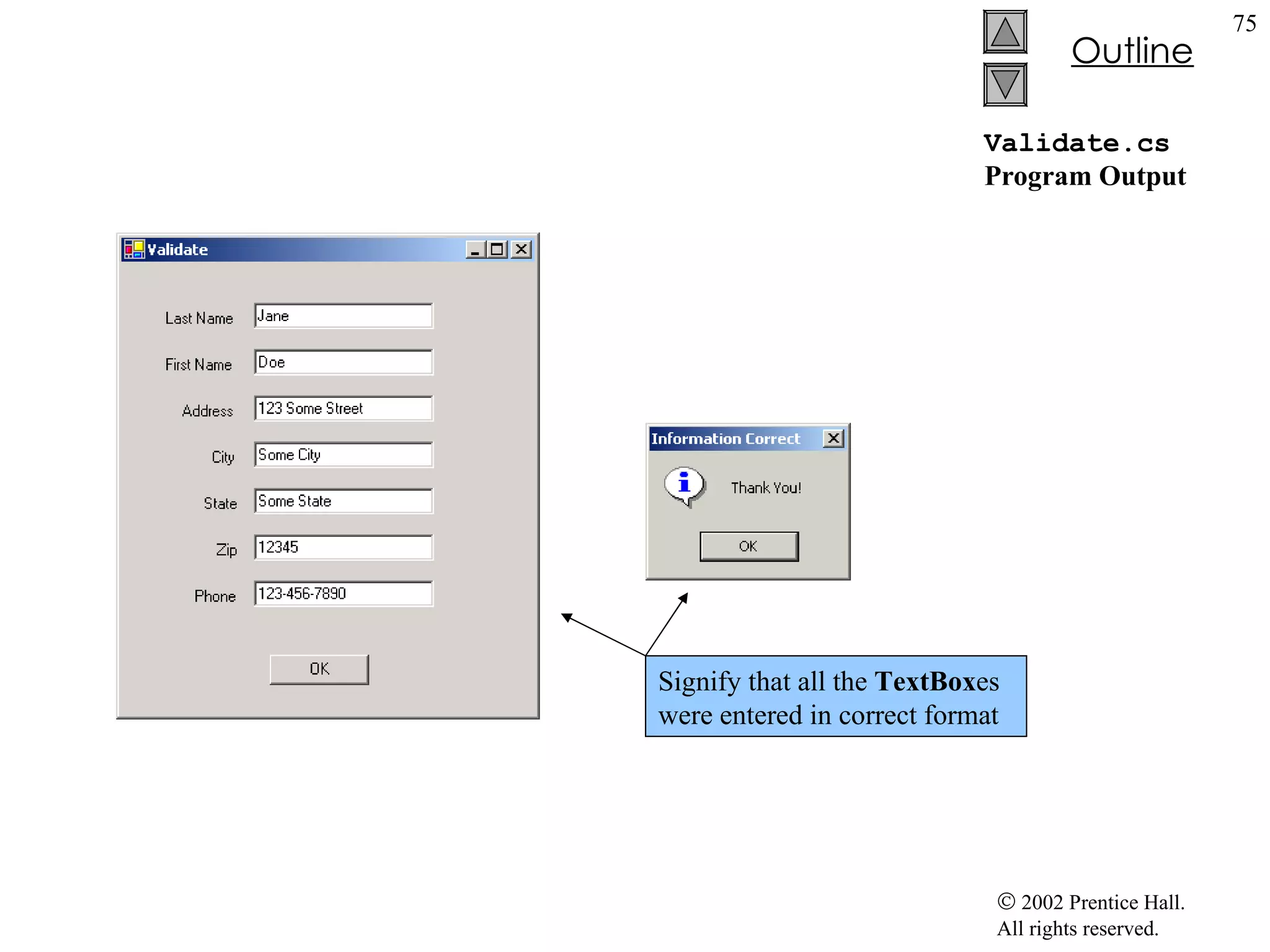 Validate.cs Program Output Signify that all the  TextBox es were entered in correct format 