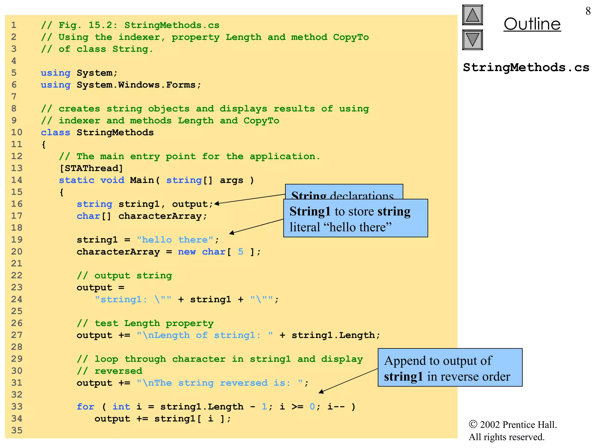 StringMethods.cs 1  // Fig. 15.2: StringMethods.cs 2  // Using the indexer, property Length and method CopyTo 3  // of class String. 4  5  using  System; 6  using  System.Windows.Forms; 7  8  // creates string objects and displays results of using 9  // indexer and methods Length and CopyTo 10  class  StringMethods 11  { 12  // The main entry point for the application. 13  [STAThread] 14  static   void  Main(  string [] args ) 15  { 16  string  string1, output; 17  char [] characterArray; 18  19  string1 =  "hello there" ; 20  characterArray =  new   char [  5  ]; 21  22  // output string 23  output =  24  "string1: \""  + string1 +  "\"" ; 25  26  // test Length property 27  output +=  "\nLength of string1: "  + string1.Length; 28  29  // loop through character in string1 and display 30  // reversed 31  output +=  "\nThe string reversed is: " ; 32  33  for  (  int  i = string1.Length -  1 ; i >=  0 ; i-- ) 34  output += string1[ i ]; 35  String  declarations String1  to store  string  literal “hello there” Append to output of  string1  in reverse order 
