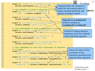 StringIndexMethods.cs 35  output +=  "\nLast '$' is located at index "  + 36  letters.LastIndexOf(  '$' ,  15 ,  5  ); 37  38  // test IndexOf to locate a substring in a string 39  output +=  "\n\n\"def\" is located at"  + 40  " index "  + letters.IndexOf(  "def"  ); 41  42  output +=  "\n\"def\" is located at index "  + 43  letters.IndexOf(  "def" ,  7  ); 44  45  output +=  "\n\"hello\" is located at index "  + 46  letters.IndexOf(  "hello" ,  5 ,  15  ); 47  48  // test LastIndexOf to find a substring in a string 49  output +=  "\n\nLast \"def\" is located at index "  + 50  letters.LastIndexOf(  "def"  ); 51  52  output +=  "\nLast \"def\" is located at "  + 53  letters.LastIndexOf(  "def" ,  25  ); 54  55  output +=  "\nLast \"hello\" is located at index "  + 56  letters.LastIndexOf(  "hello" ,  20 ,  15  ); 57  58  // test IndexOfAny to find first occurrence of character 59  // in array 60  output +=  "\n\nFirst occurrence of 'c', 'a', '$' is "  + 61  "located at "  + letters.IndexOfAny( searchLetters ); 62  63  output +=  "\nFirst occurrence of 'c, 'a' or '$' is "  + 64  "located at "  + letters.IndexOfAny( searchLetters,  7  ); 65  66  output +=  "\nFirst occurrence of 'c', 'a' or '$' is "  + 67  "located at "  + letters.IndexOfAny( searchLetters,  20 ,  5  ); 68  LastIndexOf  search from the end of the string toward the beginning Argument takes the character to search for, the starting index to begin searching backward, and portion of string to search IndexOf  and  LastIndexOf  perform similarly as  LastIndexOf  and  IndexOf Instead of sending character arguments, these two methods search substring argument Method  IndexOfAny  take an array of characters as the first argument returns the index of first occurrence of any characters specified in the character array argument 