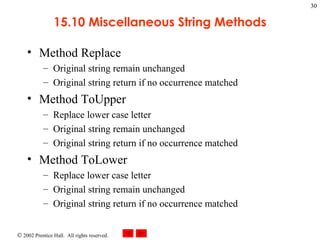 15.10 Miscellaneous String Methods Method Replace  Original string remain unchanged  Original string return if no occurrence matched Method ToUpper Replace lower case letter Original string remain unchanged Original string return if no occurrence matched Method ToLower Replace lower case letter Original string remain unchanged Original string return if no occurrence matched 