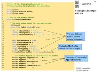 StringBuilderAppend.cs 1  // Fig. 15.12: StringBuilderAppend.cs 2  // Demonstrating StringBuilder Append methods. 3  4  using  System; 5  using  System.Windows.Forms; 6  using  System.Text; 7  8  // testing the Append method 9  class  StringBuilderAppend 10  { 11  // The main entry point for the application. 12  [STAThread] 13  static   void  Main(  string [] args ) 14  { 15  object  objectValue =  "hello" ; 16  string  stringValue =  "good bye" ; 17  char [] characterArray = {  'a' ,  'b' ,  'c' ,  'd' , 18  'e' ,  'f'  }; 19  20  bool  booleanValue =  true ; 21  char  characterValue =  'Z' ; 22  int  integerValue =  7 ; 23  long  longValue =  1000000 ; 24  float  floatValue =  2.5F ; 25  double  doubleValue =  33.333 ; 26  StringBuilder buffer =  new  StringBuilder(); 27  28  // use method Append to append values to buffer 29  buffer.Append( objectValue ); 30  buffer.Append(  "  "  ); 31  buffer.Append( stringValue ); 32  buffer.Append(  "  "  ); 33  buffer.Append( characterArray ); 34  buffer.Append(  "  "  ); Examples of overloaded  Append  methods Various different type of objects created to append StringBuilder   buffer  created for this example 