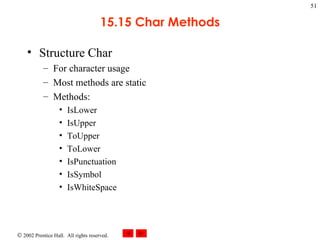 15.15 Char Methods Structure Char For character usage Most methods are static Methods: IsLower IsUpper ToUpper ToLower IsPunctuation IsSymbol IsWhiteSpace 