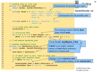 DeckOfCards.cs 34  // handles form at load time 35  private   void  DeckForm_Load(  36  object  sender, System.EventArgs e ) 37  { 38  string [] faces = {  "Ace" ,  "Deuce" ,  "Three" ,  "Four" , 39  "Five" ,  "Six" ,  "Seven" ,  "Eight" ,  40  "Nine" ,  "Ten" ,  "Jack" ,  "Queen" ,  41  "King"  }; 42  43  string [] suits = {  "Hearts" ,  "Diamonds" ,  "Clubs" , 44  "Spades"  }; 45  46  // no cards have been drawn 47  currentCard =  -1 ; 48  49  // initialize deck 50  for  (  int  i =  0 ; i < deck.Length; i++ ) 51  deck[ i ] =  new  Card( faces[ i %  13  ], suits[ i %  4  ] ); 52  53  }  // end method deckForm_Load 54  55  // handles dealButton Click 56  private   void  dealButton_Click( 57  object  sender, System.EventArgs e ) 58  { 59  Card dealt = DealCard(); 60  61  // if dealt card is null, then no cards left 62  // player must shuffle cards 63  if  ( dealt !=  null  ) 64  { 65  displayLabel.Text = dealt.ToString(); 66  statusLabel.Text =  "Card #: "  + currentCard; 67  } For structure used to fill the  deck  array with  Card s Modulus calculation ensure that value fall in a specific range Event handler  dealButton_Click  invokes method  DealCard  to get next card in the array If  deck  is not empty, method returns a  Card  object reference, otherwise it returns null Display card in  displayLabel Card number display in the  statusLabel Enumeration for possible face types Enumeration for all possible suits 