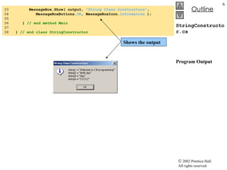 StringConstructor.cs Program Output 33  MessageBox.Show( output,  "String Class Constructors" , 34  MessageBoxButtons. OK , MessageBoxIcon. Information  ); 35  36  }  // end method Main 37  38  }  // end class StringConstructor Shows the output 
