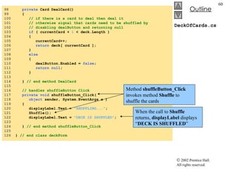 DeckOfCards.cs 98  private  Card DealCard() 99  { 100  // if there is a card to deal then deal it 101  // otherwise signal that cards need to be shuffled by 102  // disabling dealButton and returning null 103  if  ( currentCard +  1  < deck.Length ) 104  { 105  currentCard++; 106  return  deck[ currentCard ]; 107  } 108  else 109  { 110  dealButton.Enabled =  false ; 111  return   null ; 112  } 113  114  }  // end method DealCard 115  116  // handles shuffleButton Click 117  private   void  shuffleButton_Click( 118  object  sender, System.EventArgs e ) 119  { 120  displayLabel.Text =  "SHUFFLING..." ; 121  Shuffle(); 122  displayLabel.Text =  "DECK IS SHUFFLED" ; 123  124  }  // end method shuffleButton_Click 125  126  }  // end class deckForm Method  shuffleButton_Click  invokes method  Shuffle  to shuffle the cards When the call to  Shuffle  returns,  displayLabel  displays “ DECK IS SHUFFLED ” 