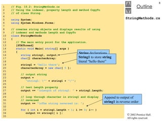 StringMethods.cs 1  // Fig. 15.2: StringMethods.cs 2  // Using the indexer, property Length and method CopyTo 3  // of class String. 4  5  using  System; 6  using  System.Windows.Forms; 7  8  // creates string objects and displays results of using 9  // indexer and methods Length and CopyTo 10  class  StringMethods 11  { 12  // The main entry point for the application. 13  [STAThread] 14  static   void  Main(  string [] args ) 15  { 16  string  string1, output; 17  char [] characterArray; 18  19  string1 =  "hello there" ; 20  characterArray =  new   char [  5  ]; 21  22  // output string 23  output =  24  "string1: \""  + string1 +  "\"" ; 25  26  // test Length property 27  output +=  "\nLength of string1: "  + string1.Length; 28  29  // loop through character in string1 and display 30  // reversed 31  output +=  "\nThe string reversed is: " ; 32  33  for  (  int  i = string1.Length -  1 ; i >=  0 ; i-- ) 34  output += string1[ i ]; 35  String  declarations String1  to store  string  literal “hello there” Append to output of  string1  in reverse order 