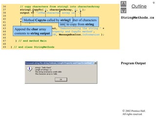 StringMethods.cs Program Output 36  // copy characters from string1 into characterArray 37  string1.CopyTo(  0 , characterArray,  0 ,  5  ); 38  output +=  "\nThe character array is: " ; 39  40  for  (  int  i =  0  ; i < characterArray.Length; i++ ) 41  output += characterArray[ i ]; 42  43  MessageBox.Show( output,  "Demonstrating the string "  + 44  "Indexer, Length Property and CopyTo method" , 45  MessageBoxButtons. OK , MessageBoxIcon. Information  ); 46  47  }  // end method Main 48  49  }  // end class StringMethods Index to begin copying   character array to copy to Index of location to put into character array Number of characters to copy from  string Append the  char  array contents to  string output Method  Copyto  called by  string1 